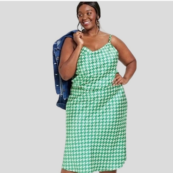 Ava & Viv Sleeveless Satin Green Geometric Dress Women's Size 1X - Picture 2 of 6